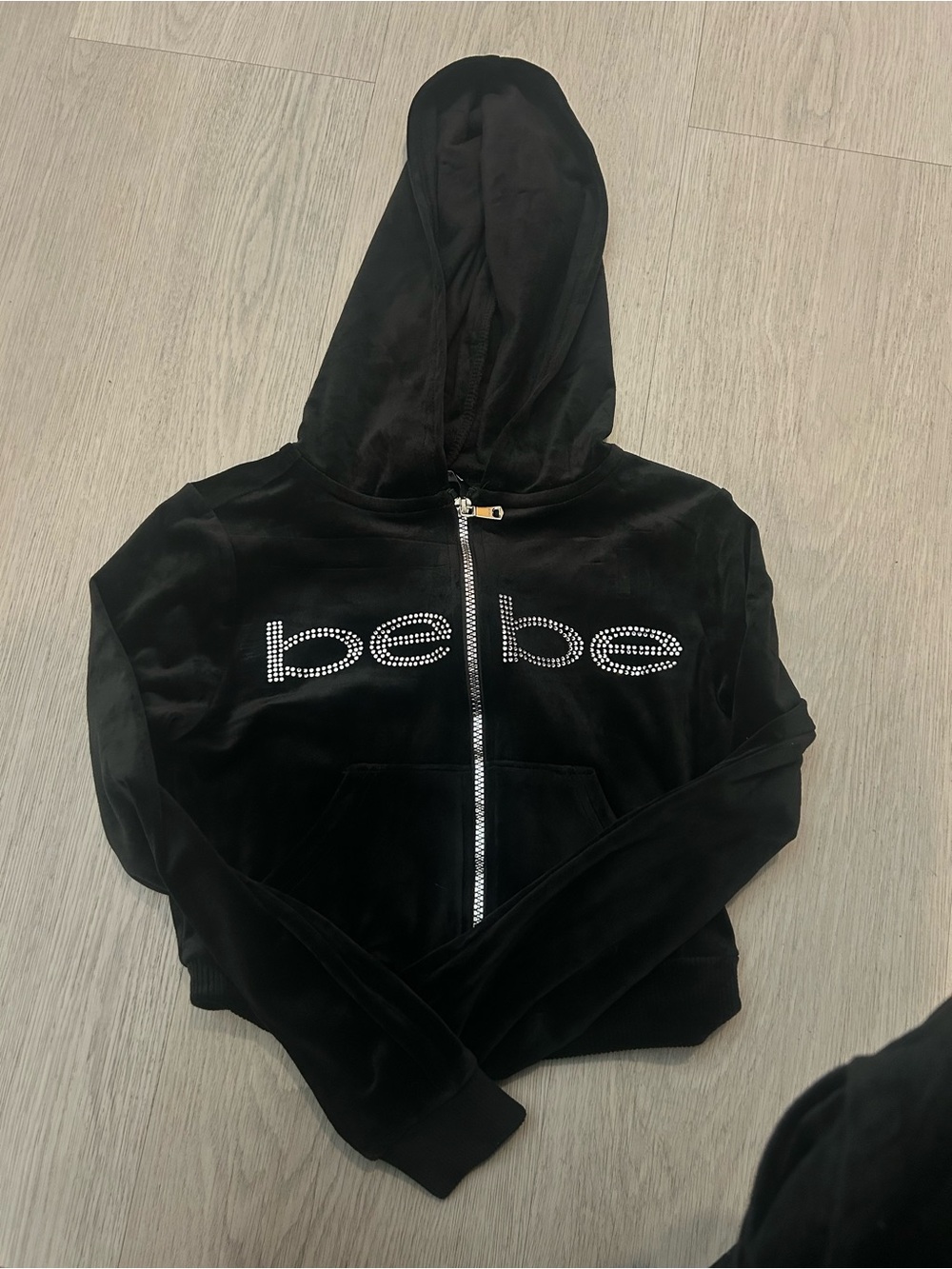 bebe Black Velour Rhinestone Logo Hooded Zip Jacket